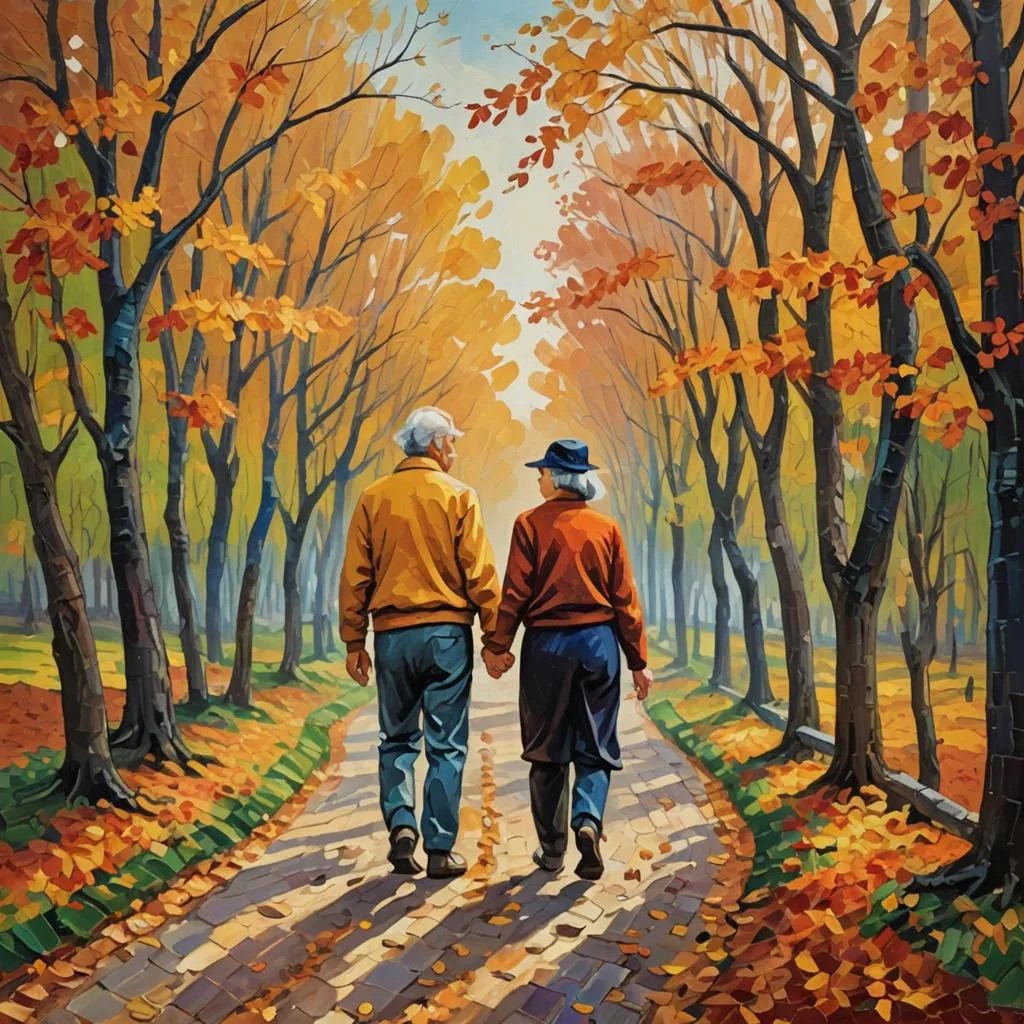 Older couple in walking in Autumn fall