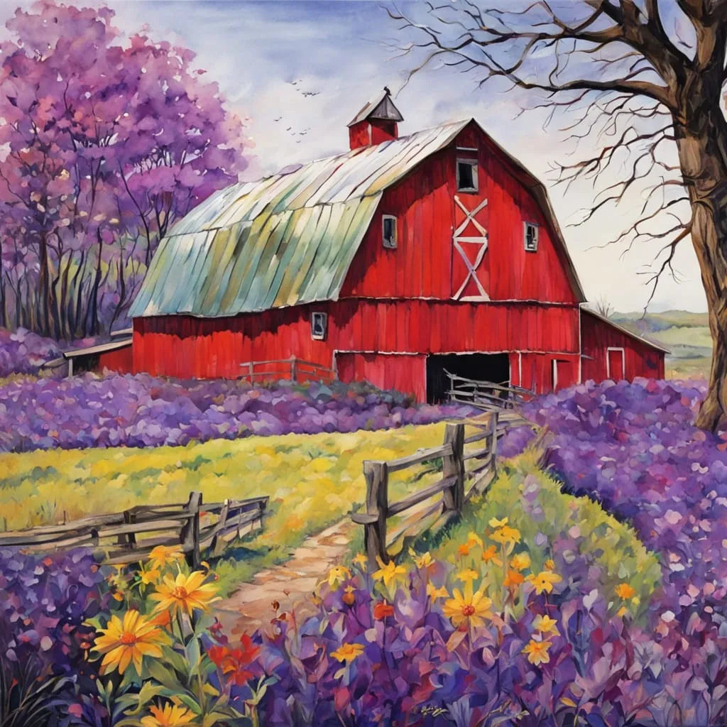 Red Barn In Lavender Fields