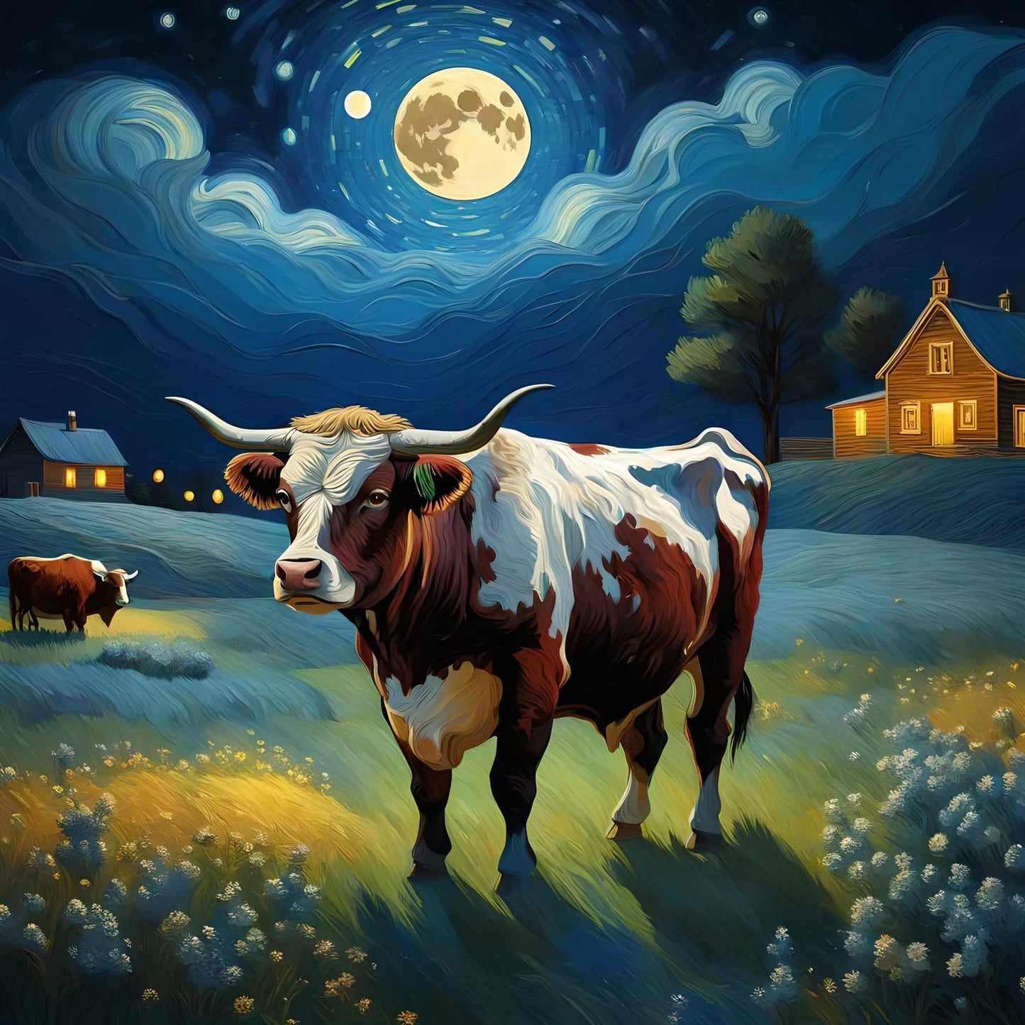 Longhorn Cow And Starry Night