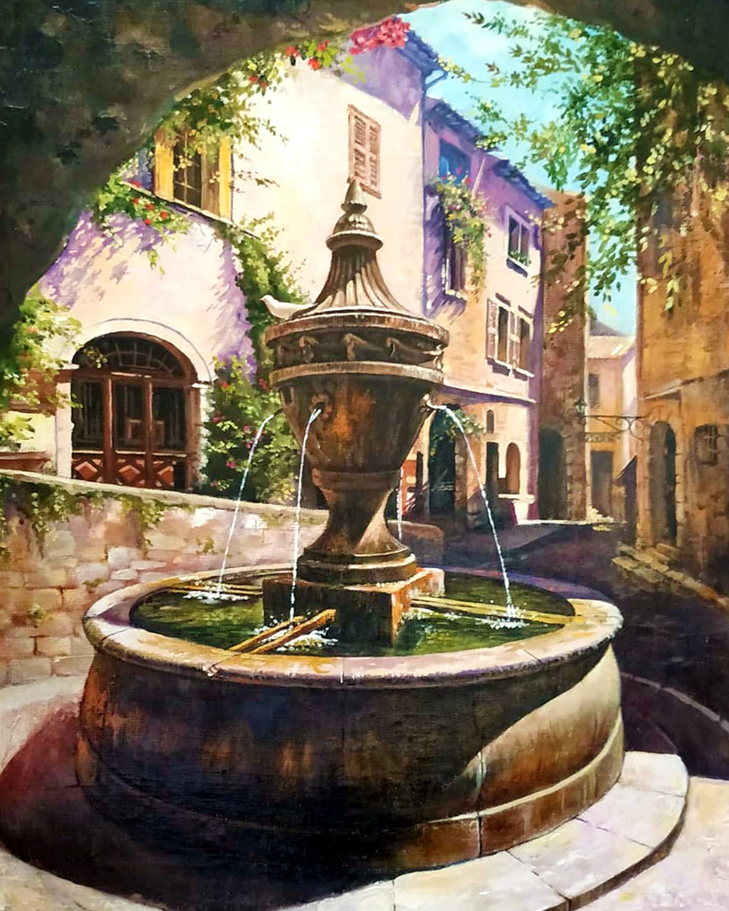 Tuscan Village Fountain By Victor Ceban