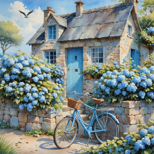Blue house with bicycle