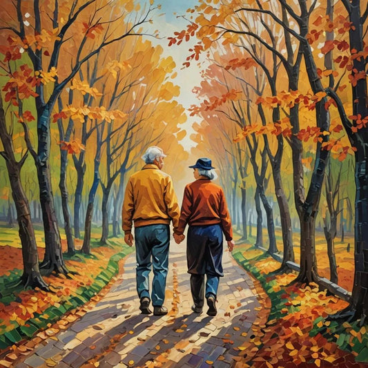 Older couple in walking in Autumn fall