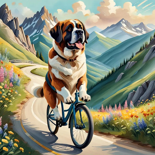 St. Bernard riding a bike