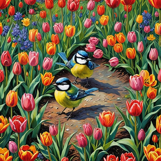 bluetits in a tulip farm