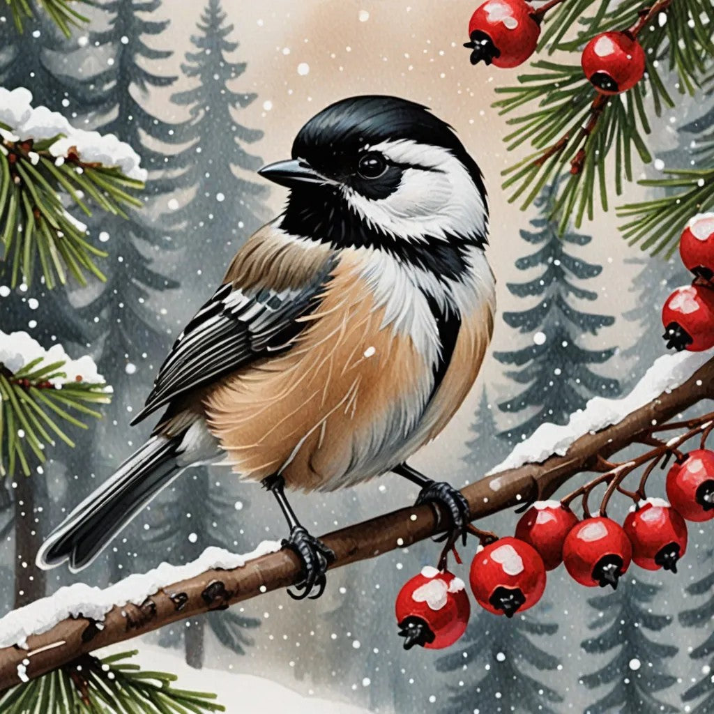 chickadee on a snowy branch