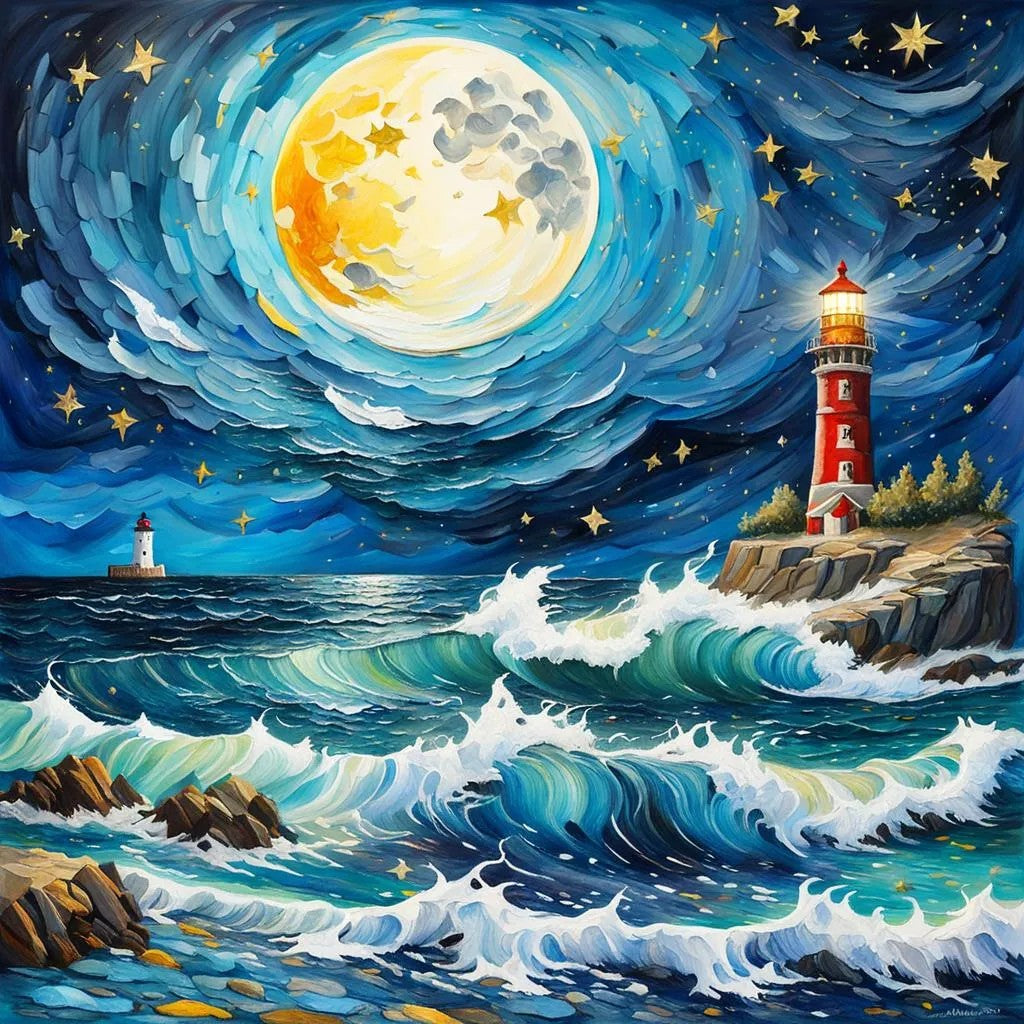 Starry Night over Seashore Lighthouse