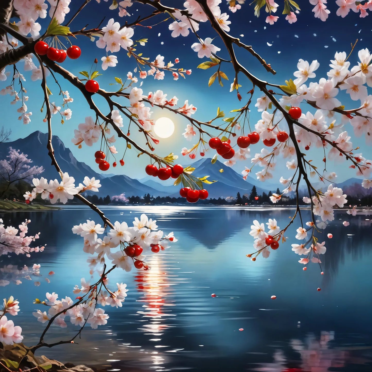 Cherry Blossoms And A Full Moon Night