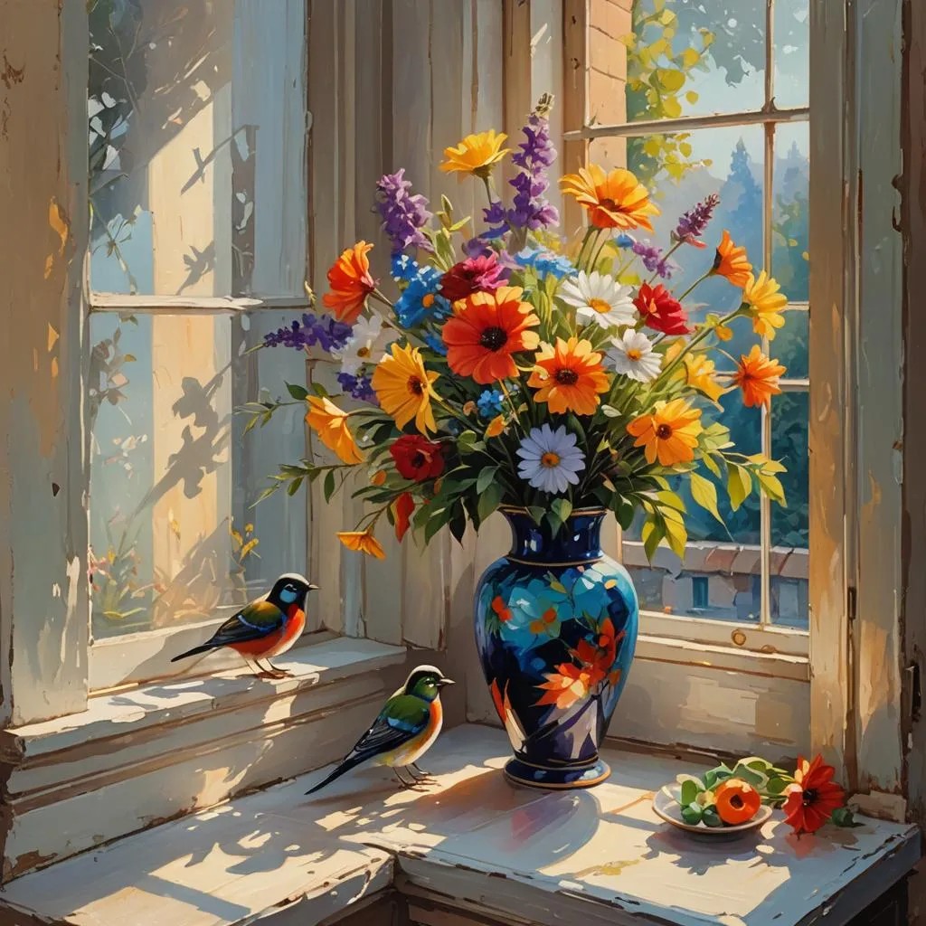 Colorful Flowers And Birds