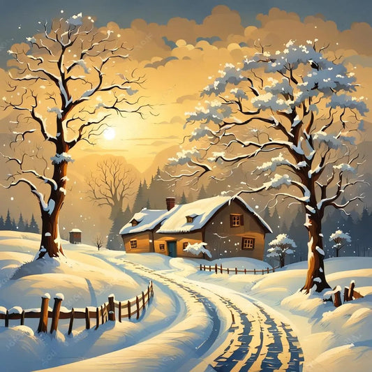 Snowy Village At Sunset