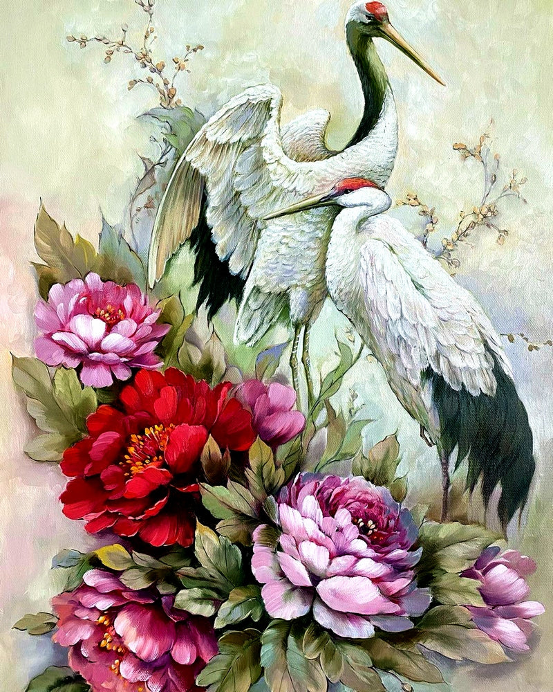 Cranes And Peonies By Natasha Golovina