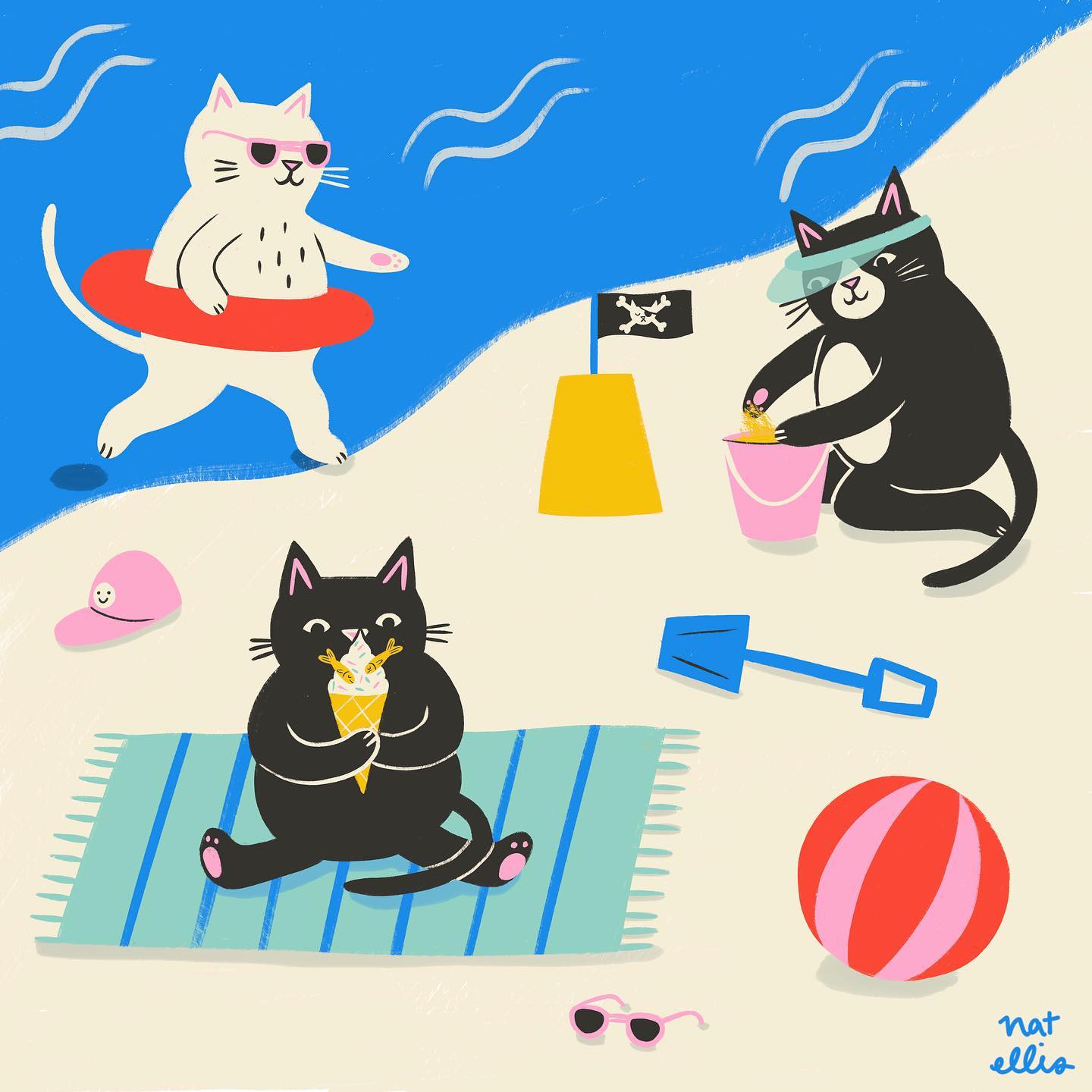 Cats Having Fun At A Beach By Nat Ellis