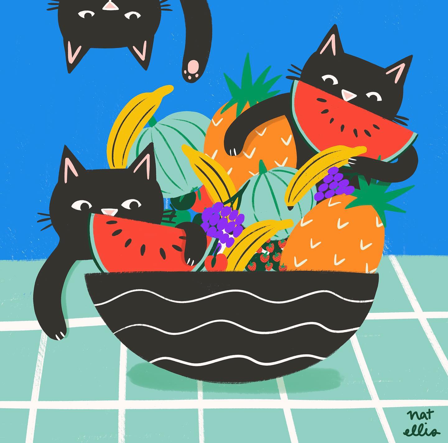 Cats Enjoying Fruits By Nat Ellis