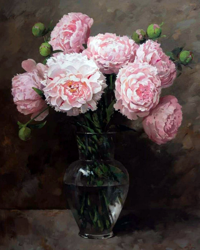 Pink Peonies in Glass Vase By Sergey Khamalyan